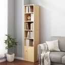 IOTXY Small Narrow Corner Bookcase - 59 Inches Tall Gap Freestanding Storage Cabinet, 6 Lattices Open Shelves Tower Rack with Door, Cubes Bookshelf in Oak