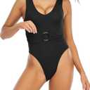 Womens One Piece Swimsuit Ribbed O-Ring Belted U-Back Swimwear High Cut Cheeky Bathing Suit (XL)