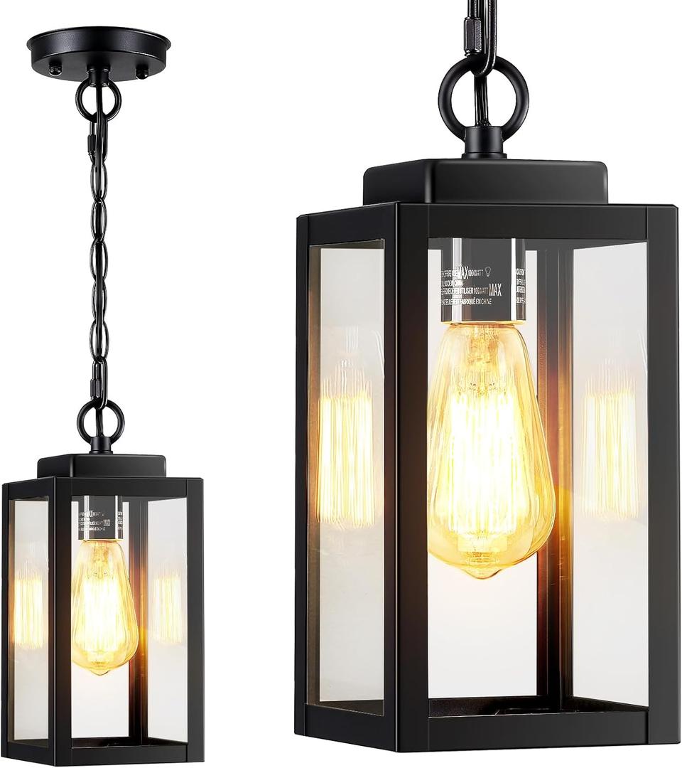 11'' Outdoor Pendant Light, Modern Outside Chandelier Outdoor Hanging Lantern Light, Matte Black with Clear Glass, Exterior Pendant Lighting Fixture for Porch, Yard, Gazebo, 1Pack (11''-No Sensor)