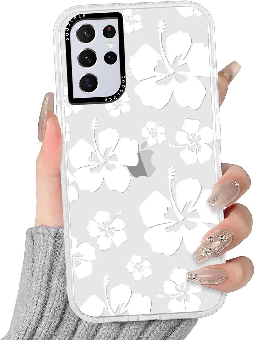 RUMDEY Clear Hibiscus Flower Case for Samsung Galaxy S21 Ultra 5G 6.8", Cute Preppy Floral Crystal Pattern Aesthetic Design Soft Anti-Yellow Protective Shockproof TPU Cover for Women Girls - White