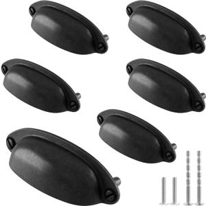 6 Pack Antique Black Drawer Pull Handle Knobs Metal Cup Pull 3.5" Hole Centers, Vintage Shell Pull Handles for Kitchen Cabinet Dresser Furniture
