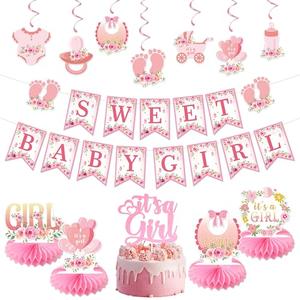 Vlipoeasn Floral Baby Shower Decorations for Girl, Pink Baby in Bloom Baby Shower Supplies, It's a Girl Cake Topper, Cute Honeycomb, Hanging Swirl Flag, Sweet Baby Girl Shower Decor