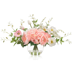 WELL KNOWN Artificial Flowers in Vase, Fake Silk Peony Tulip Hydrangea Pink & White Flower Bouquet Arrangement with Faux Water Centerpieces for Home Wedding Dining Table Party Decor & Gift for Women