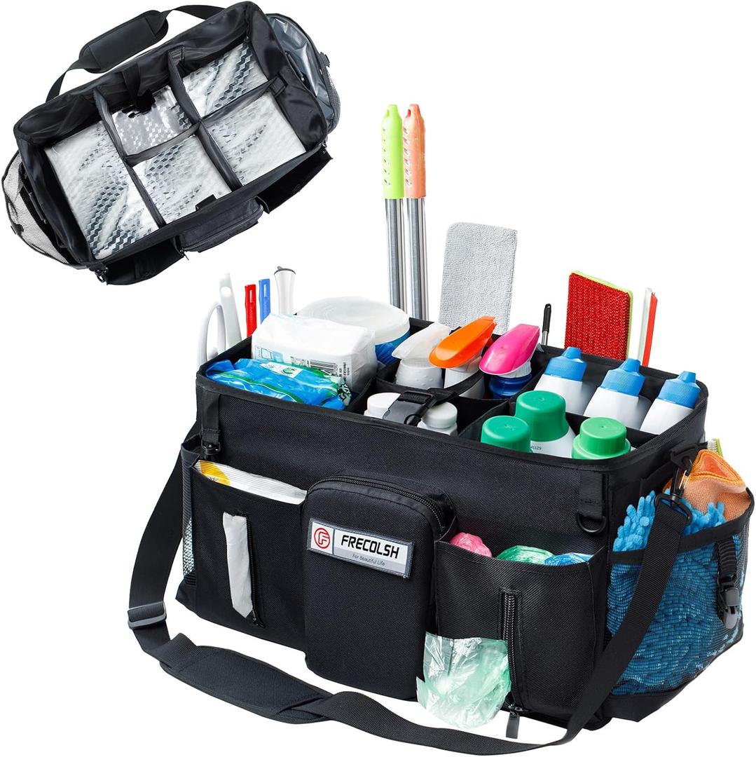 Large Cleaning Supplies Organizer-Cleaning Caddy Organizer With Handles & Shoulder Strap-Cleaning Bags for Cleaning Suppliers-Housekeepers Wearable Cleaning Tote Upgraded (Black)