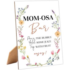Tuyashua Boho Wildflowers Baby Shower Mom-osa Bar Sign, Table Decor Baby Shower Sign, Pack of 1 Wooden Tabletop Sign with Stand, Baby Shower Decoration, Gender Neutral - MG04