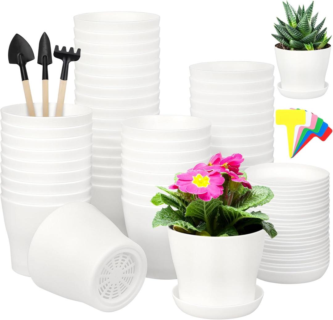 48 Pack Plastic Planters 4 Inch Flower Plant Pots Indoor Set Thickened Seedling Nursery Pots Seed Starting Pots with Drainage Holes Saucers, Mini Garden Tools for Home Office Garden, White