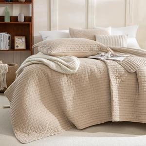 Sanracie Oversized King Bedspread (128"x120"), 100% Cotton Cross Stitch Pattern California King Coverlet Quilt Set 3Pcs Warm Taupe Colored Lightweight Extra Large King Bed Quilt for All Season, Extra Wide Super King
