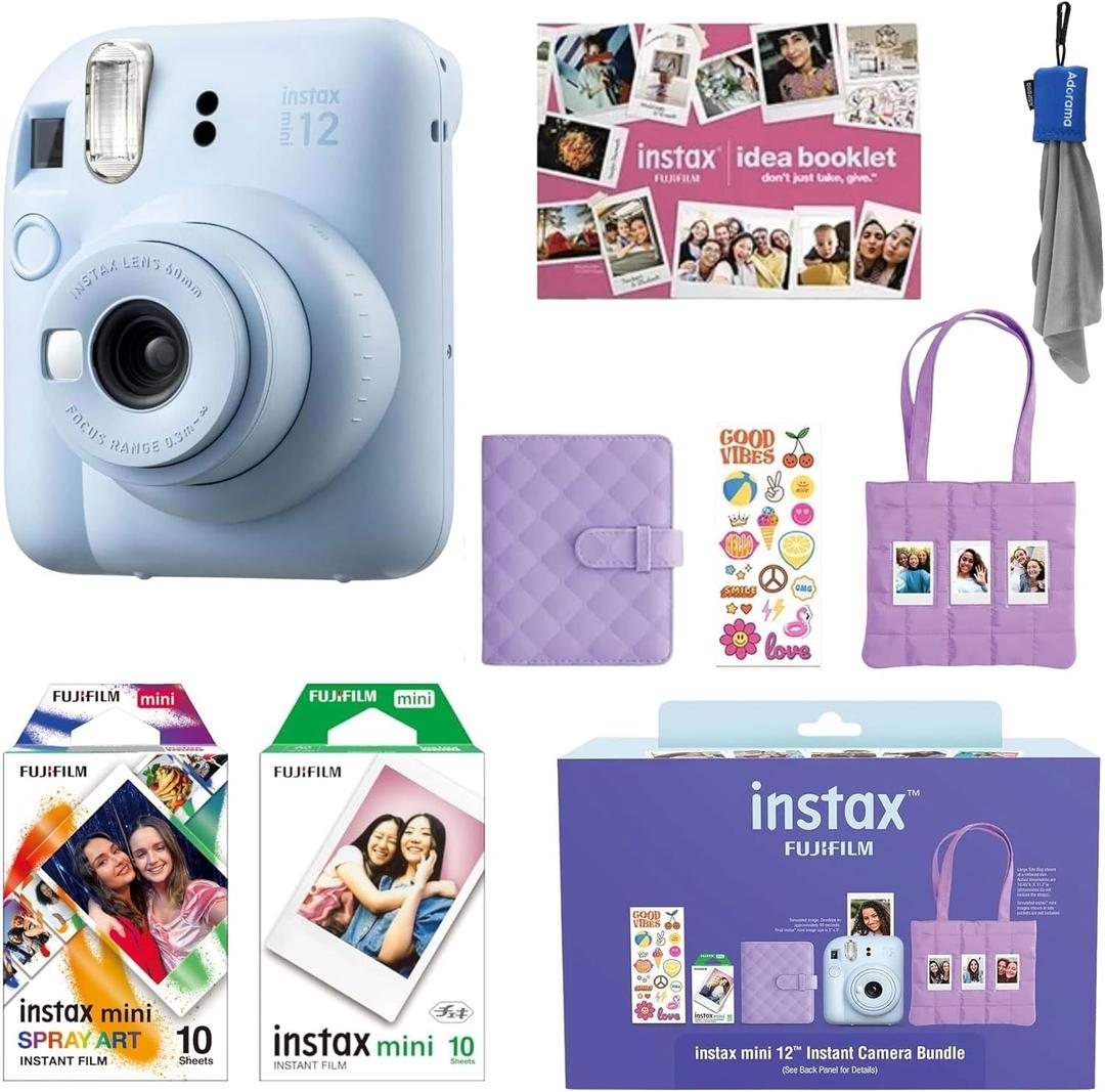 Fujifilm Instax Mini 12 Instant Film Camera All Included Holiday Bundle 2025 + Spray Art Instant Film 10 Exposures (Pastel Blue)