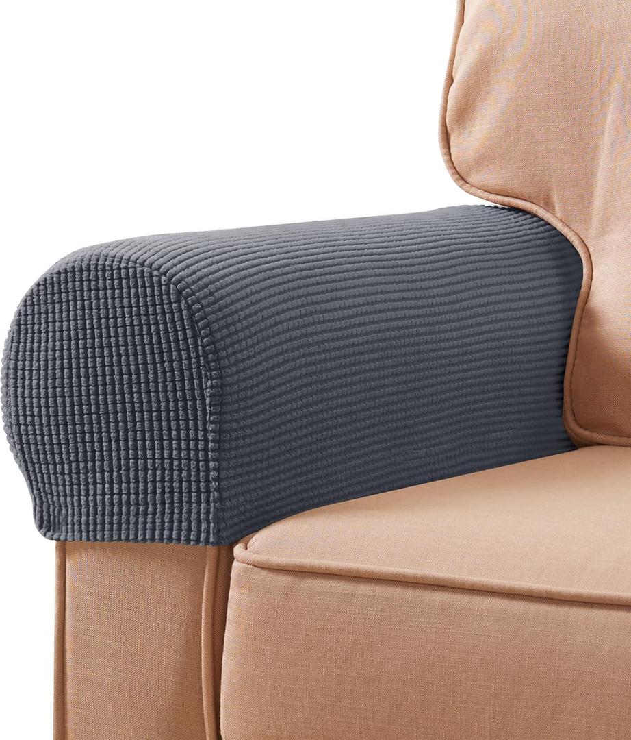 SUBRTEX Stretch Couch Arm Covers Set of 2, Checkered Sofa Arm Slipcovers, Anti-Slip Armrest Covers for Recliner and Armchairs, Pet Proof, High Stretchy, Hook & Loop Tape, Gray (Grey)