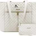 LOVEVOOK Laptop Bag for Women 17 inch, Diamond Quilted Work Tote Bags Womens Laptop Tote Bag Computer Shoulder Bags, Stylish Travel Tote Bags Laptop Purse Briefcase Handbag with Clutch Purse, Off-white