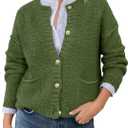 Saodimallsu Women's Chunky Knit Cardigan Button Down Crewneck Long Sleeve Cropped Sweater with Pockets (Green, XXL)