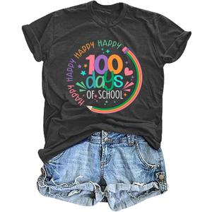 LHBNK Teacher Shirts Women Happy 100 Days of School T-Shirt Teach Print Graphic Tshirt Teacher Gifts Tops Tee (Medium, Grey)