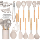Umite Chef Kitchen Cooking Utensils Set, 33 pcs Non-Stick Silicone Cooking Kitchen Utensils Spatula Set with Holder, Wooden Handle Silicone Kitchen Gadgets Utensil Set (Khaki)