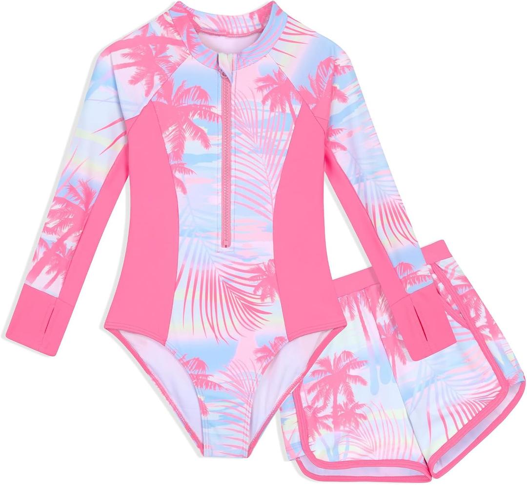 Girls Rash Guard Swimsuit 2 Piece Long Sleeve One Piece Bathing Suits with Swim Shorts Kids UPF 50+ Swimwear Sets 13-14 Years