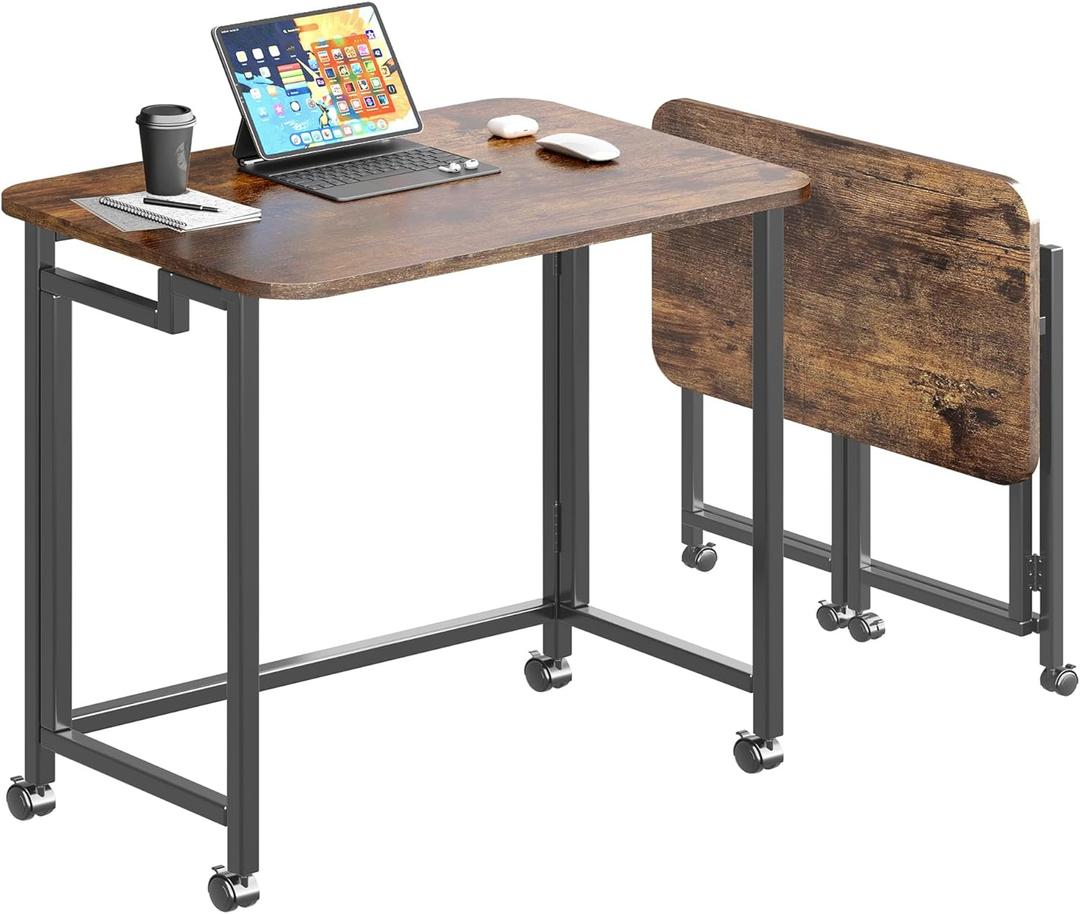 JSB Folding Desk for Small Spaces,Mobile Portable Rolling Laptop PC Table on Wheels,Foldable Computer Desk for Home Office,Bedroom,Dorm,Space Saving (Rustic & Brown, 31.5")
