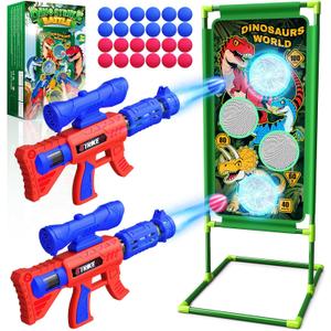 Dinosaur Shooting Game Toys, 2 Air Pump Launcher with Aiming Fun, 3 Dinosaur Theme & 4 Target Score Points, 24 Foam Balls, Indoor Outdoor Toy Gift for Kid Boy 3 4 5 6 7 8 9 10 11 12 Year Old Age 3-12