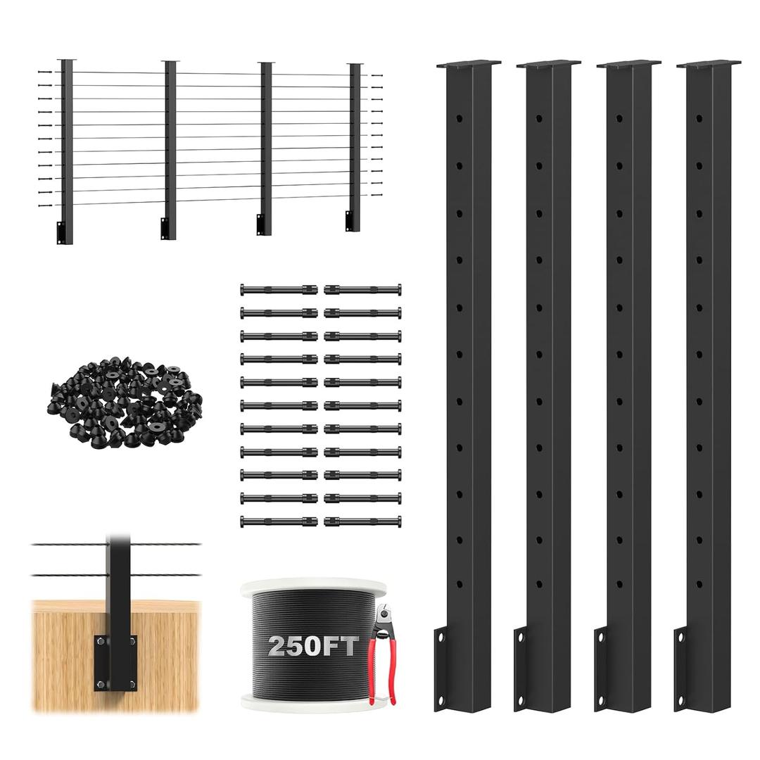36" Side Mount Cable Railing Post Kits Include 4Pack Flat Top Level Drilled Cable Posts, 250FT Wire Rope, Black Fascia Mount Cable Railing System, 1/8" Stainless Steel Wire Railing Kits, RG71