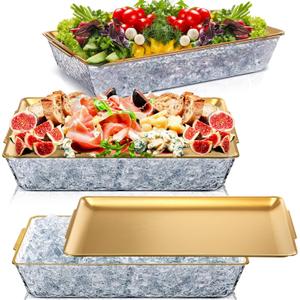 Baderke 3 Set 16" x 9'' Chilled Serving Tray for Parties with Compartments Rectangle Serving Dish Ice Charcuterie Party Platter for Shrimp Fruit Seafood Vegetable Appetizer (Gold)
