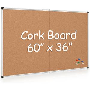 Extra Large Cork Bulletin Board 60" X 36", Foldable Notice Pin Board for Wall, Silver Aluminum Framed 5'x3' Corkboard, Wall Mounted Noticeboard with 36 Push Pins for School, Home & Office