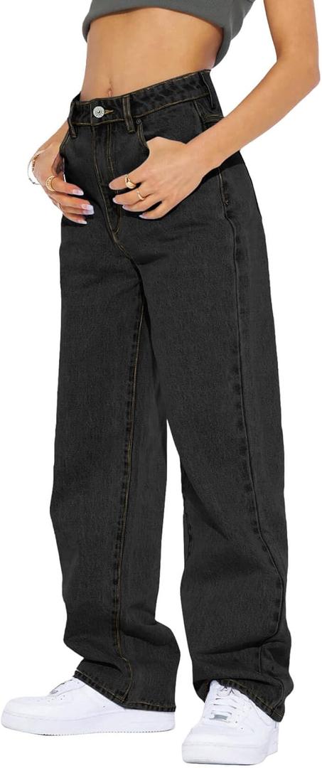 Cicy Bell Women's High Waisted Boyfriend Jeans Baggy Straight Leg Casual Denim Pants (6, Black)