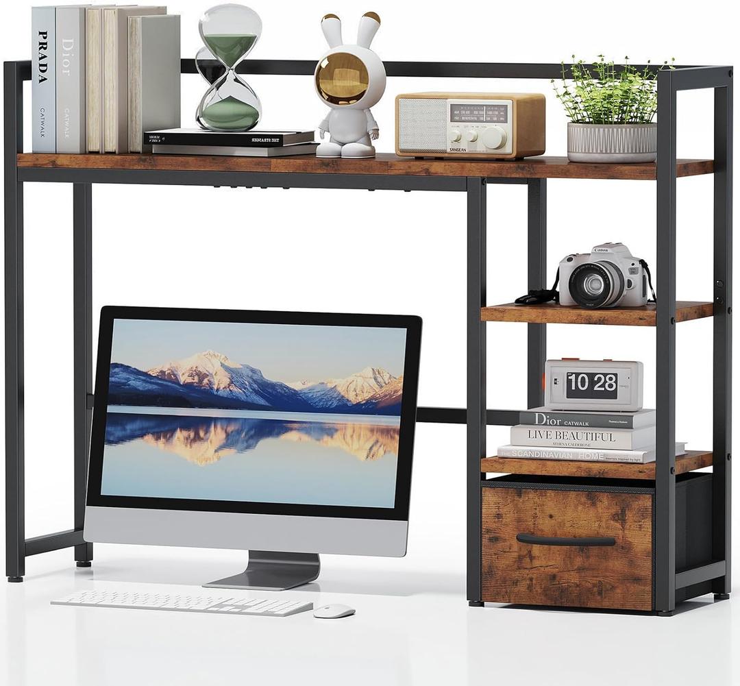 Marbrasse Desk Shelf with Drawer, 40" Desk Hutch for Computer Monitor, Wooden Desktop Bookshelf Storage Rack for Home Office Dorm - Dark Brown