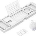 Zhuoyue Bamboo Bathtub Tray, Expandable Premium Bath Tray for Luxury Bathroom, Adjustable Bath Accessories for Tub with Soap Towel Book Holder, Extendable 29.5-43.3" White