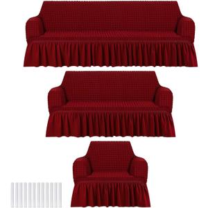 3 Pcs Sofa Slipcover Set for Couch Cushion Durable Washable High Elastic Stretchable Furniture Couch Covers with Skirt for Sofa Loveseat Arm Chair(Burgundy,Seersucker)