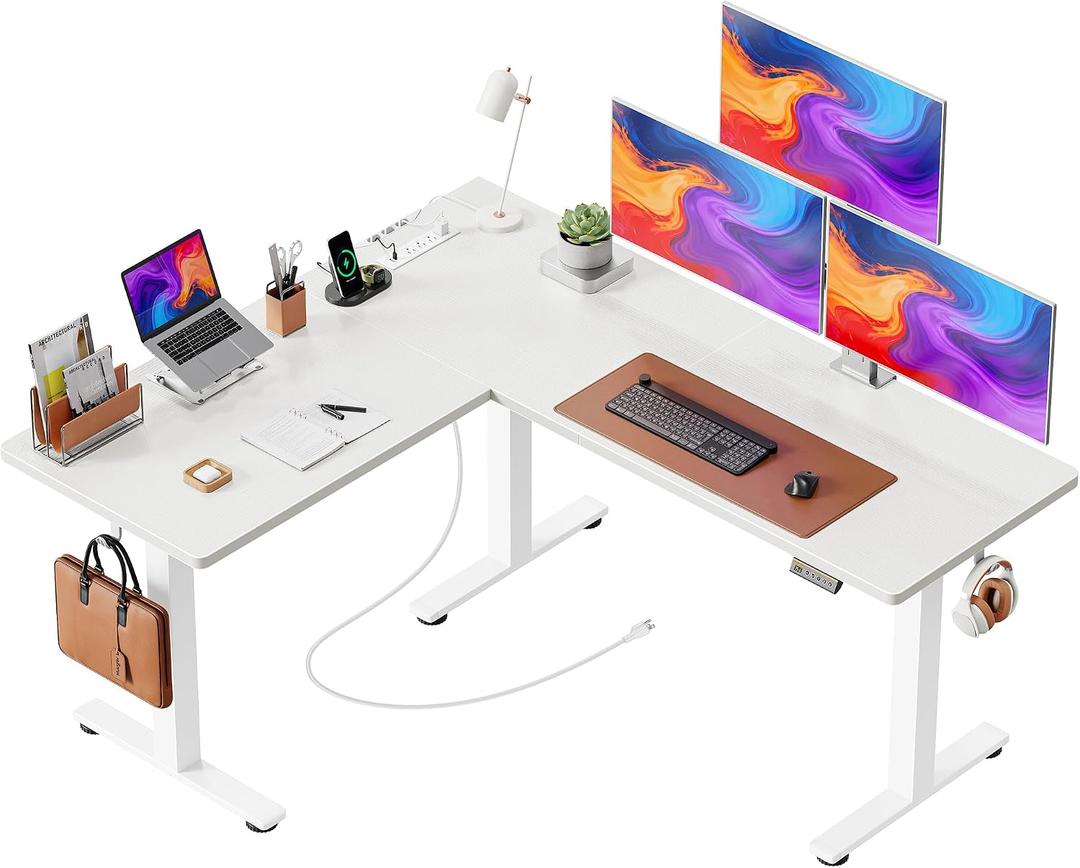 Huuger L Shaped Standing Desk with Power Outlets, 63 x 55 Inch Height Adjustable Computer Desk for Bedroom, Corner Stand up Desk for Home and Office, Work and Study, White