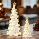 2 x WDS WONDROUS Ceramic Christmas Tree Tabletop - White and Gold Accents 2PCS Table Top Christmas Trees with Lights Prelit - Small Xmas Tree Figurines Home Mantel Desk Centerpieces