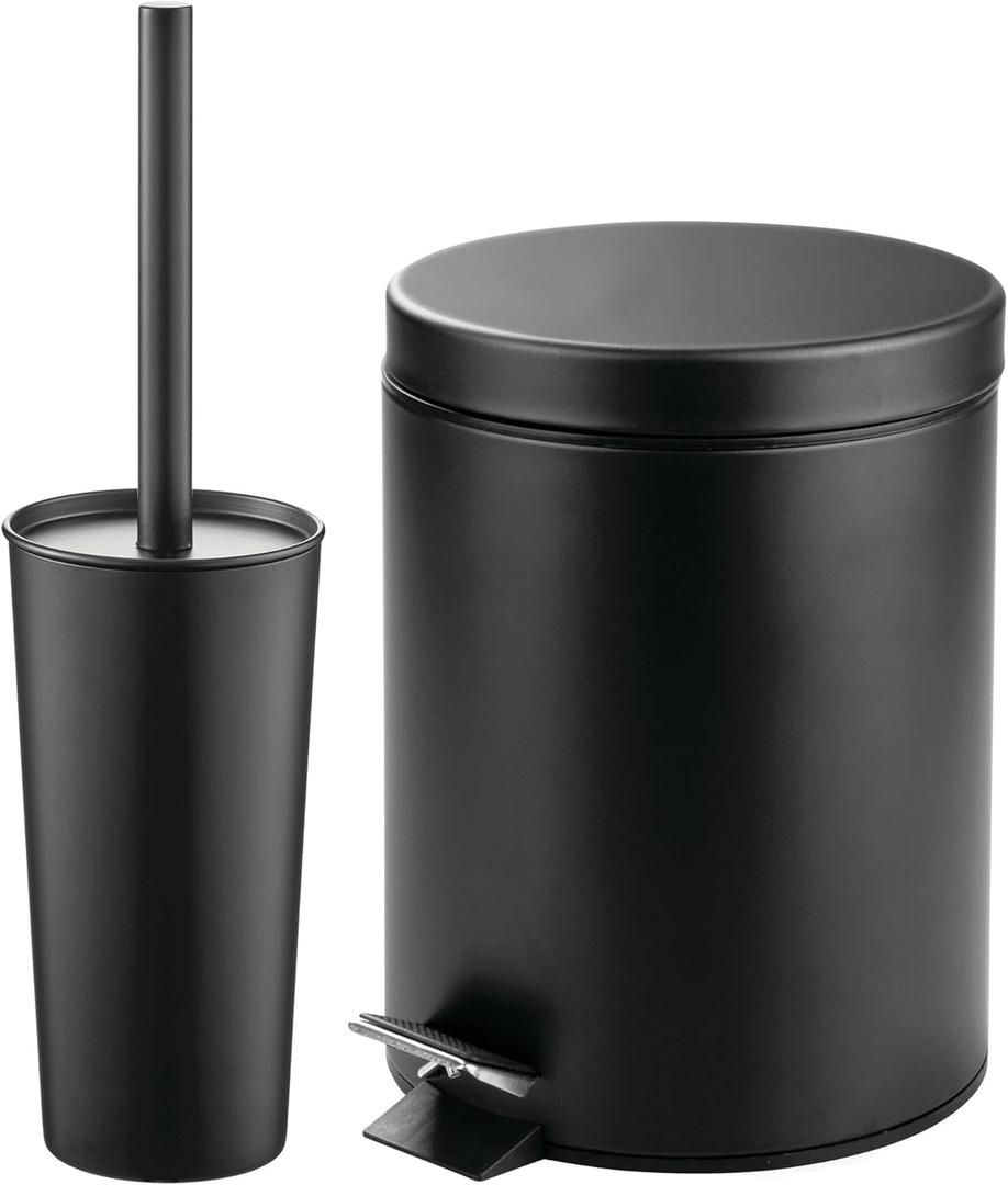 mDesign Metal Steel/Plastic Toilet Bowl Brush/Holder and Round 1.3 Gallon/5L Step Trash Can Combo Set for Bathroom; Holds Trash, Recycling, Deep Cleaning, Mirri Collection, Black