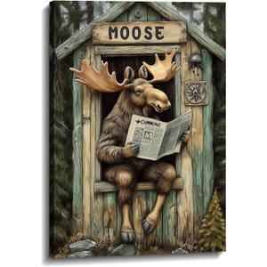Bathroom Canvas Wall Art Moose Decor Rustic Moose in Outhouse Toilet Read a Newspaper Picture Prints Forest Wildlife Painting Farmhouse Cabin Bathroom Decor Framed(Art-5,16.00x24.00 inch)