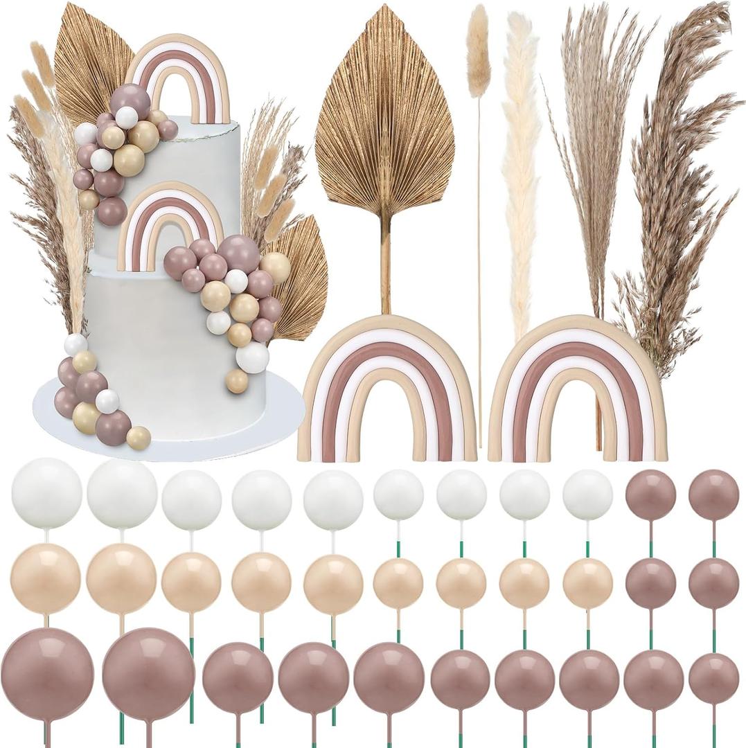 Roshtia 54 Pcs Boho Wedding Cake Toppers Rustic Bridal Shower Cake Topper Decorations Rainbow Pampas Grass Dried Flower Decor for Engagement Anniversary Party Wedding Birthday Party Supplies