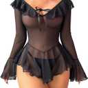 Sexy Lingerie for Women Rave Outfits Clubwear See Through Lingerie Sets Bell Sleeve Ruffle Mesh Tops (Medium, Black)