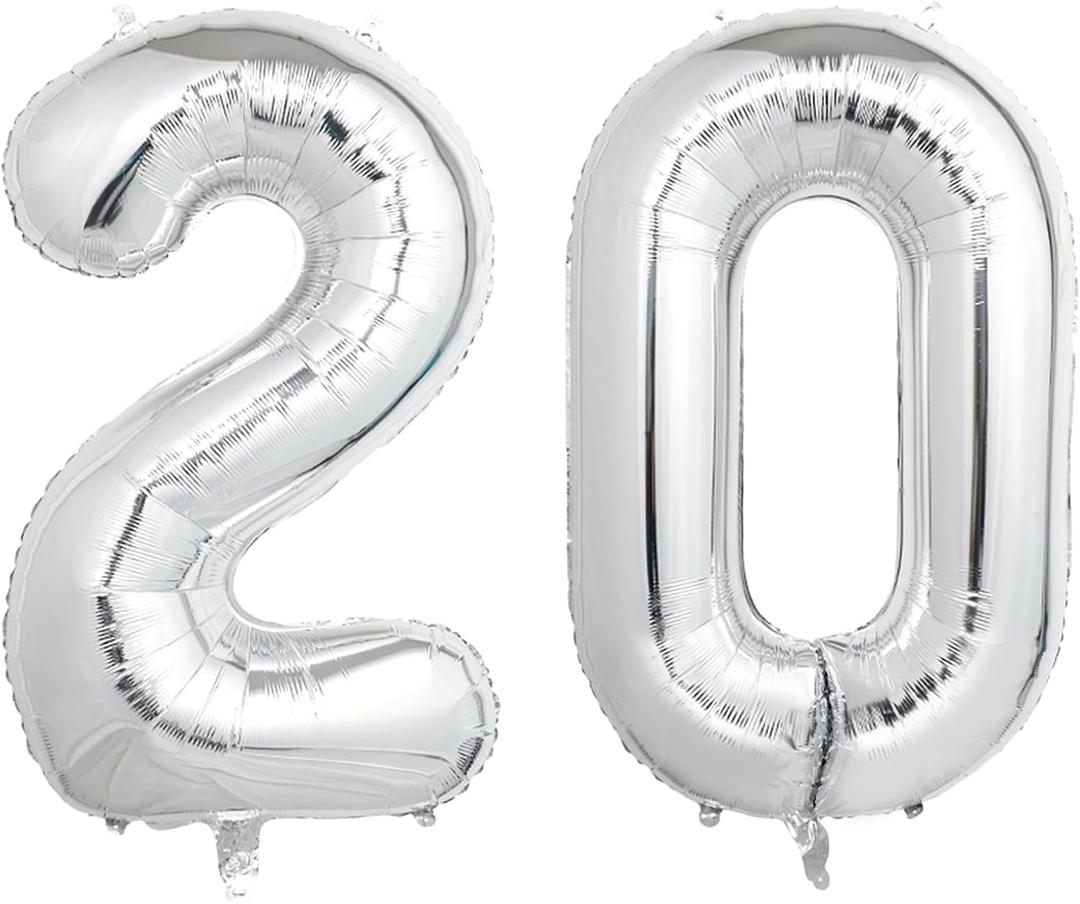 Number Balloons Silver Party Balloon - Giant Number 20 Balloon, 40 Inch Large Balloon for 20th Birthday Decorations, Silver Party Supplies for Anniversary