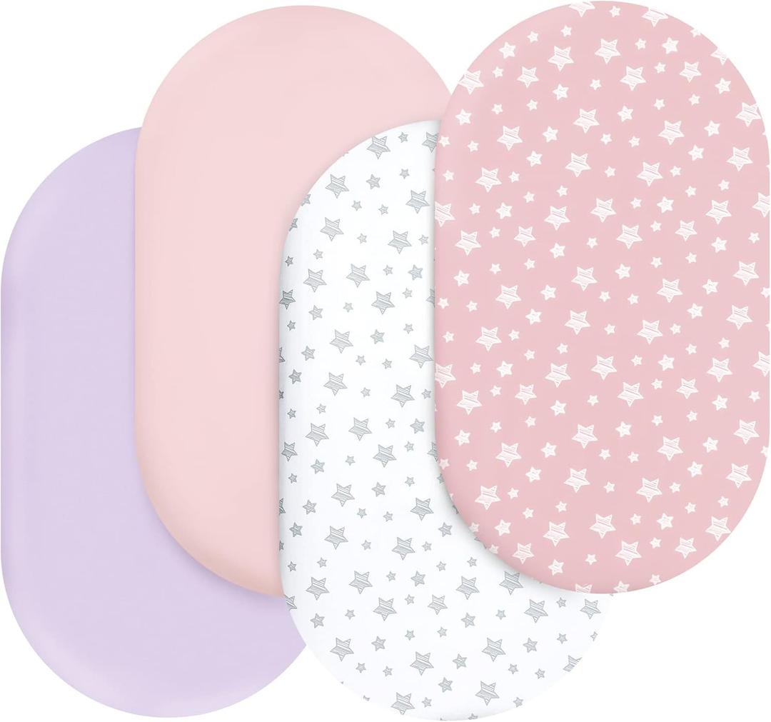 Bassinet Sheets Set 4 Pack for Baby Girl, Universal Fit for Oval, Hourglass and Rectangular Mattress, Pink 32"X17"