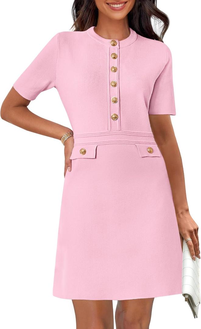 MEROKEETY Women's Summer Bodycon Sweater Dress Business Casual Outfis Short Sleeve Knit Button Formal Elegant Work Dress (Pink), Medium
