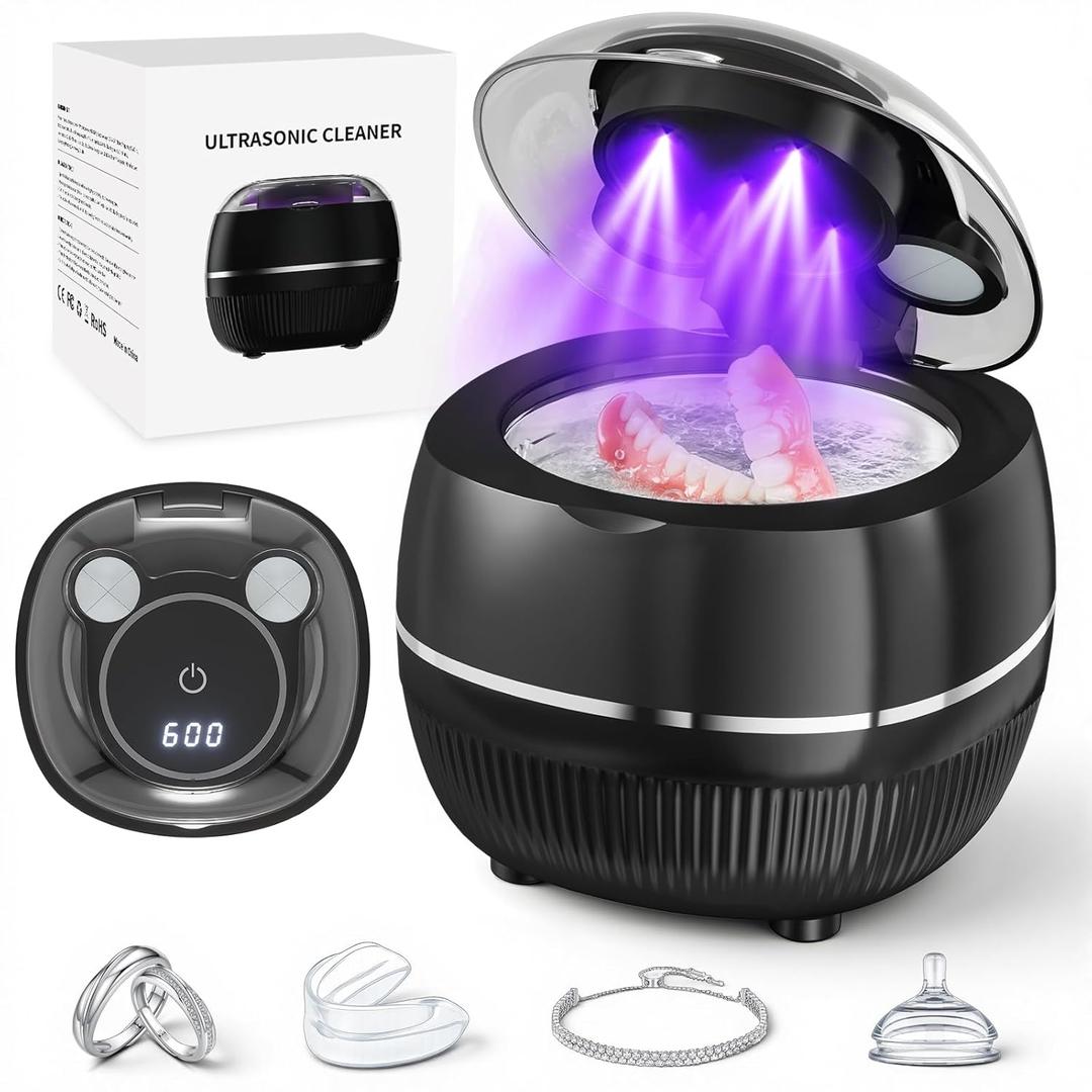 Ultrasonic Retainer Cleaner Machine, 48kHz Dental Cleaning Pod for Night Guards, Mouth Guards, Aligner, Braces, Toothbrush, Jewelry, Ultrasonic Dentures Cleaner with Digital Timer, 220ML, Black