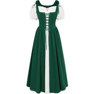 Scarlet Darkness Renaissance Costume Women Peasant Medieval Dress Short Sleeve Maxi Fairy Dresses with Pockets Dark Green XL