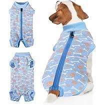 BENCMATE Dog Recovery Suit - Professional Pet Zip Up Onesie with Abdominal Wound Bandages, Substitute E-Collar & Cone (Medium, Breton Stripes) (Medium [Back Length: 14"])