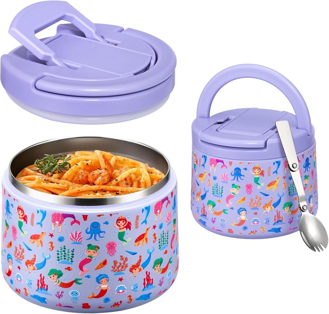 Itslife 14oz Vacuum Insulated Soup Thermos for Hot Food, Kids Lunch Container with Leakproof Buckle Lid, Wide Mouth Stainless Steel Food Jar with Spoon (Purple Mermaid)