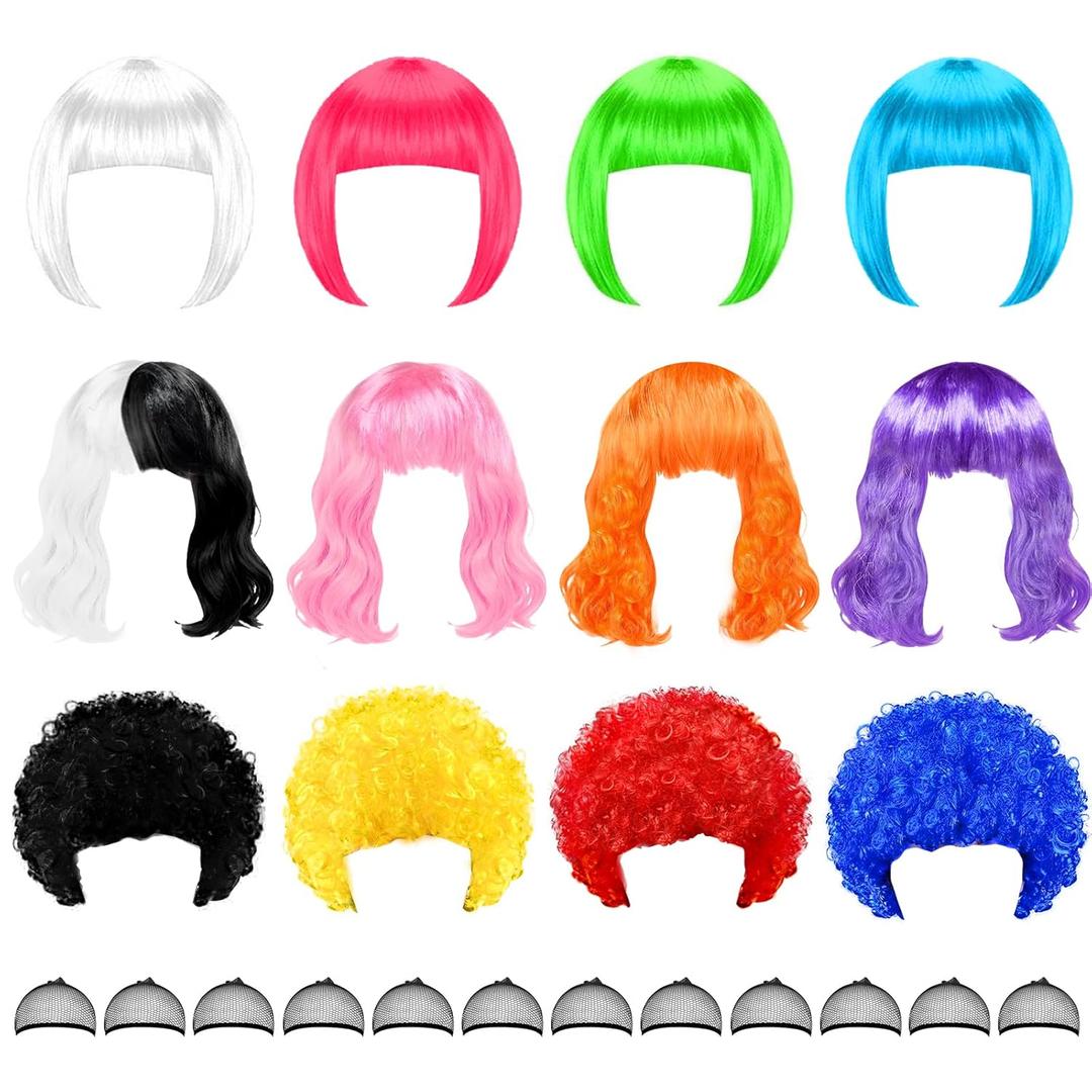 12 Multi Pack Fun Wigs, Assorted Bob Wig, Wavy Colored Colorful Hair Wigs, Funny Neon Clown Fluffy Bulk Wigs for Women Costume Cosplay Party (Multicolor)
