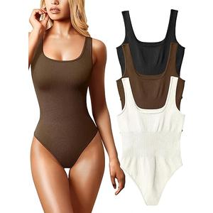 OQQ Women's 3 Piece Bodysuits Sexy Ribbed Sleeveless Square Neck Tank Tops Leotard 2025 Trendy Outfits, Size L