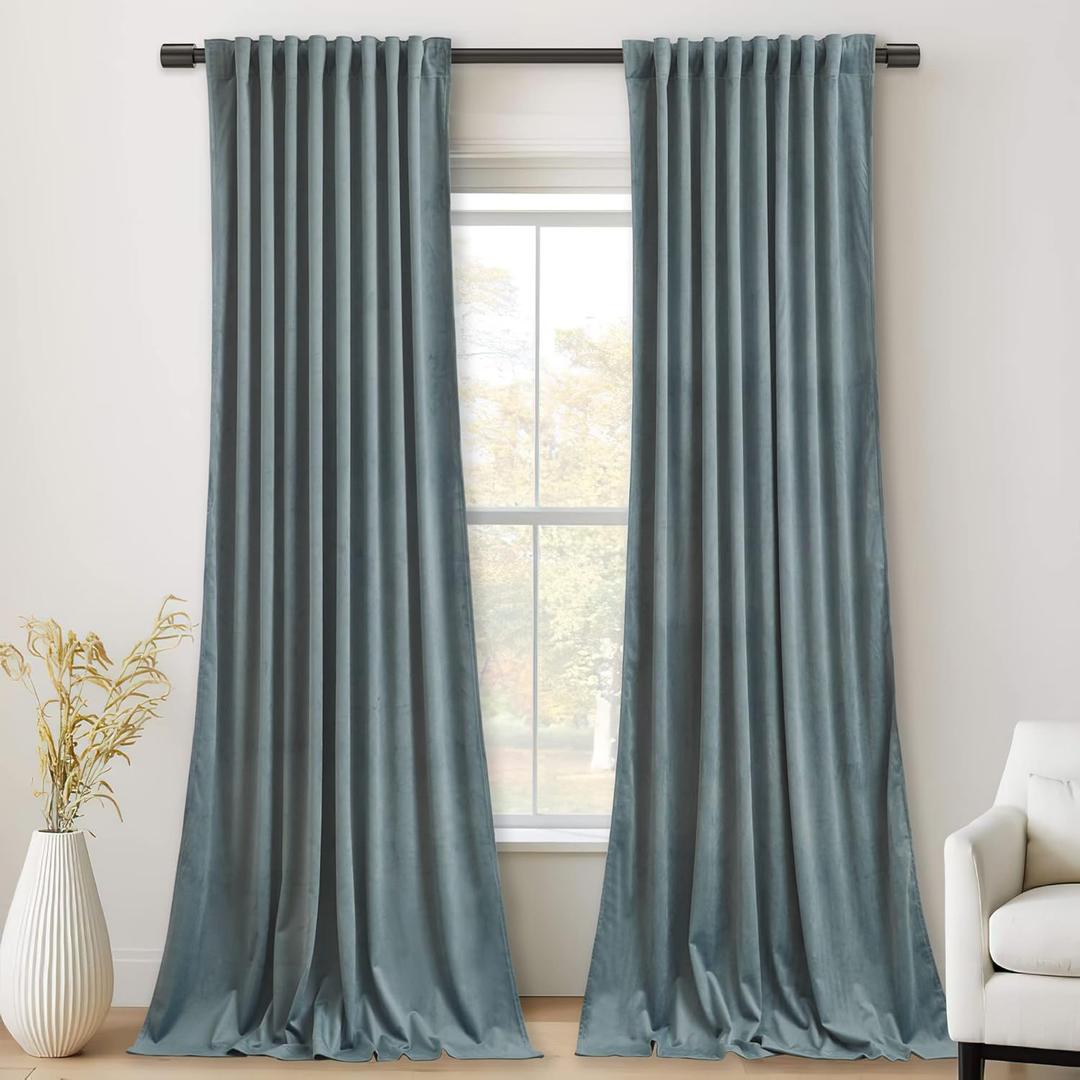 StangH Stone Blue Velvet Drapes 96 inches Long, Back Tab Heavy Thick Sliding Door Curtains for Living Room, Room Darkening Privacy Window Panels for Nursery Kids Bedroom, W52 x L96, 2 Panels