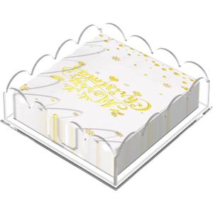 Transparent Acrylic Napkin Holder Clear Guest Paper Disposable Hand Towel Dispenser Tray Organizer For Table Home Kitchen Restaurant and Hotel Business (Scalloped Square Clear 7")