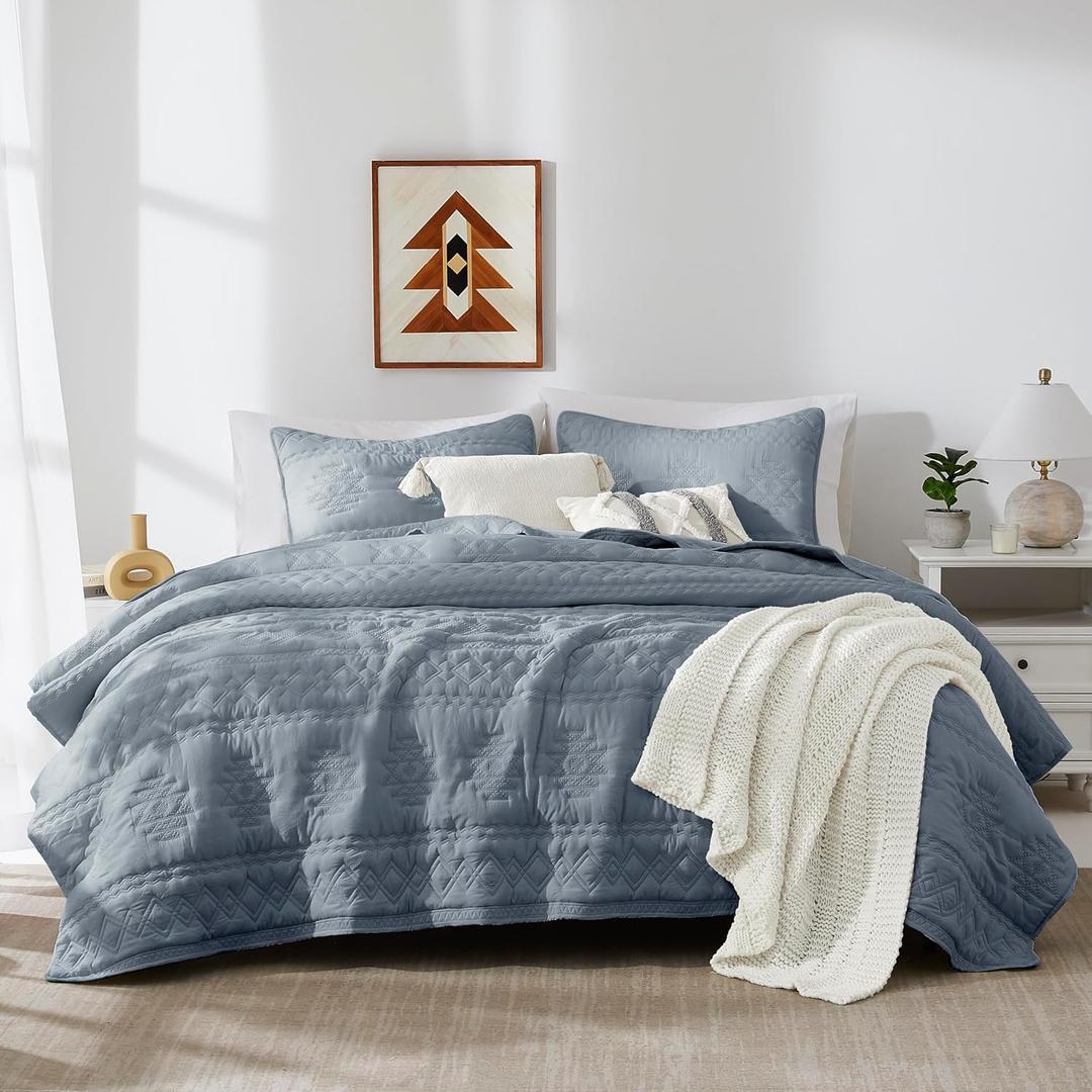 WDCOZY Boho Blue Grey Twin Quit Size Bedding Sets with 1 Pillow Sham, Farmhouse Lightweight Soft Bedspread Coverlet for All Season, 2 Pieces, 68x90 inches