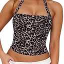 Women's Y2K Mesh Crop Halter Tank Top Sexy Backless Leopard Cheetah Print Cute Going Out Tops for Women Trendy XS