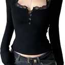 Women Square Neck Long Sleeve Grunge Shirt Tops Lace Trim Y2K Gothic Aesthetic Fairy T Shirts Vintage Tee Fall Clothes (Black, S)
