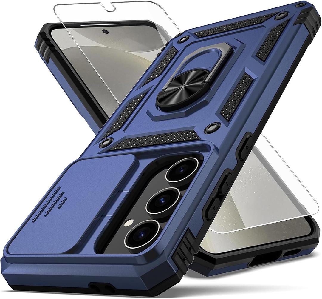 For Samsung Galaxy S24 FE Case,with Camera Lens Cover HD Screen Protector,[Military Grade] Ring Car Mount Kickstand Hybrid Hard PC Soft TPU Shockproof Protective Case for Galaxy S24 FE, Blue