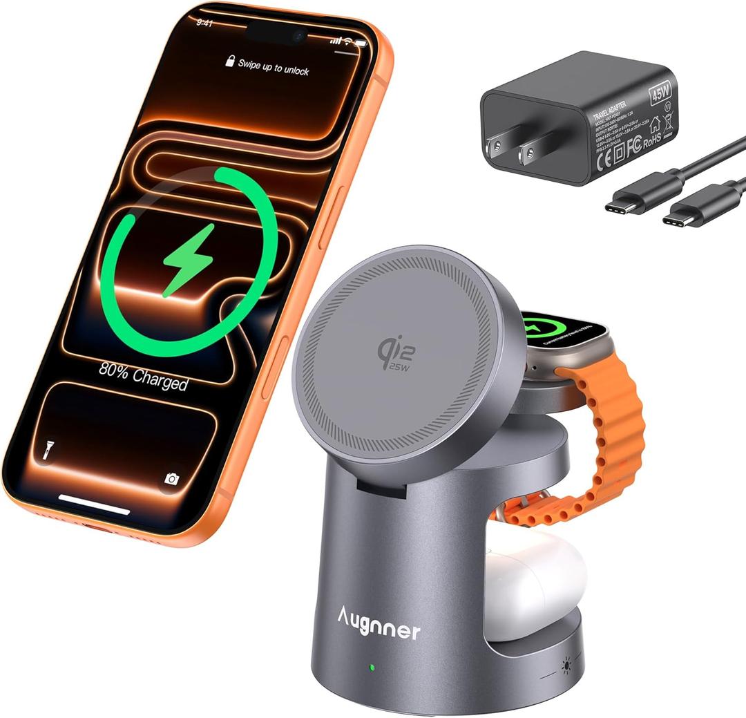 3 in 1 Charging Station Compatible with MagSafe Charger, Qi2.2 25W Magnetic Wireless Charger with Night Light, Foldable Charging Stand for iPhone 17/16/15/14/13/12, Apple Watch, AirPods (45W Adapter) (Starry grey)