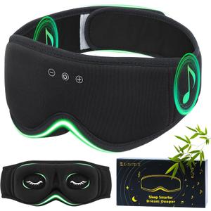 Bamboo Cotton Large Sleep Mask with Bluetooth Wireless Headphones - Blackout Eye Mask for Sleeping 3D Contoured Sleep Headband Ear Muffs Lengthen & Low Noise Hook for Better Experience (Black)